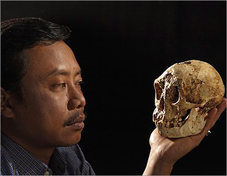 Thomas Sutikna bersama tengkorak Hobbit, Homo Florensis.