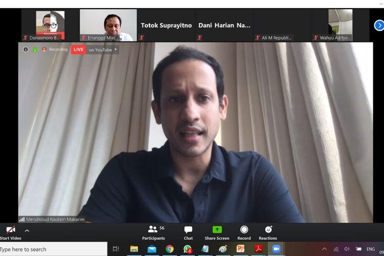 Telekonferensi Menteri Pendidikan dan Kebudayaan yang disiarkan secara langsung melalui Youtube pada Kamis (9/4/2020) | Kompas.com