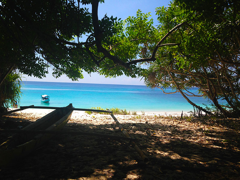 Dari bawah pepohonan ini, laut begitu buru...dan perahu seolah melayang di langit birunya | foto Akhyari Hananto