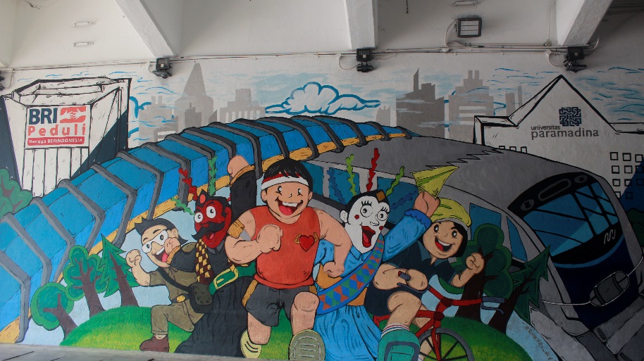 Salah satu lukisan dinding atau mural dalam rangka menyambut HUT Jakarta ke-492 dengan tema