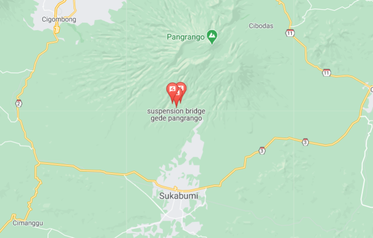 Peta lokasi jembatan gantung situ gunung, Sukabumi © Google maps
