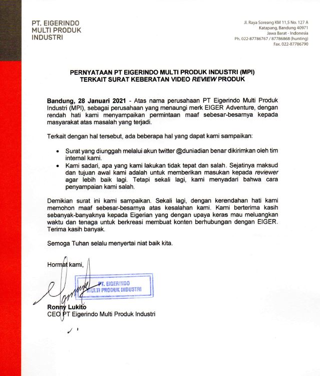 permohonan maaf CEO eiger