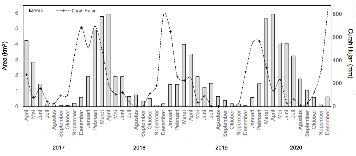 Area yang digunakan untuk produksi rumput laut seperti yang terlihat pada data satelit, dipetakan terhadap curah hujan. Produksi sangat musiman dan terkait dengan pola curah hujan | Badan Meteorologi, Klimatologi, dan Geofisika Indonesia
