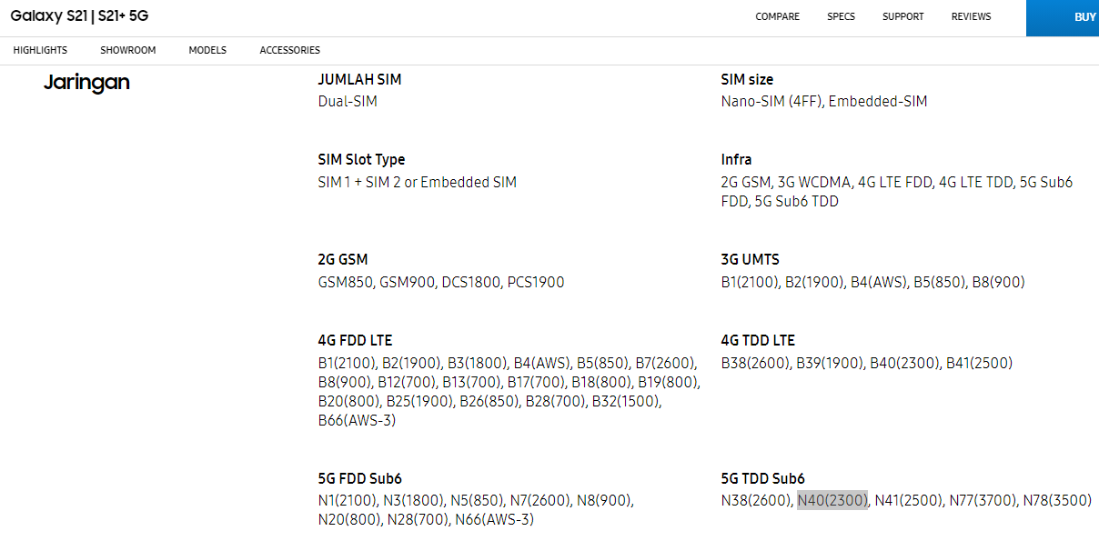 Contoh detail ponsel dengan spesifikasi 5G yang kompatibilitas dengan koneksi 5G milik Telkomsel