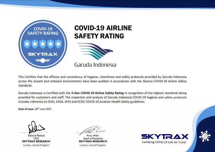 Sertifikat Covid-19 Airlien Safety Rating Garuda Indoenesia