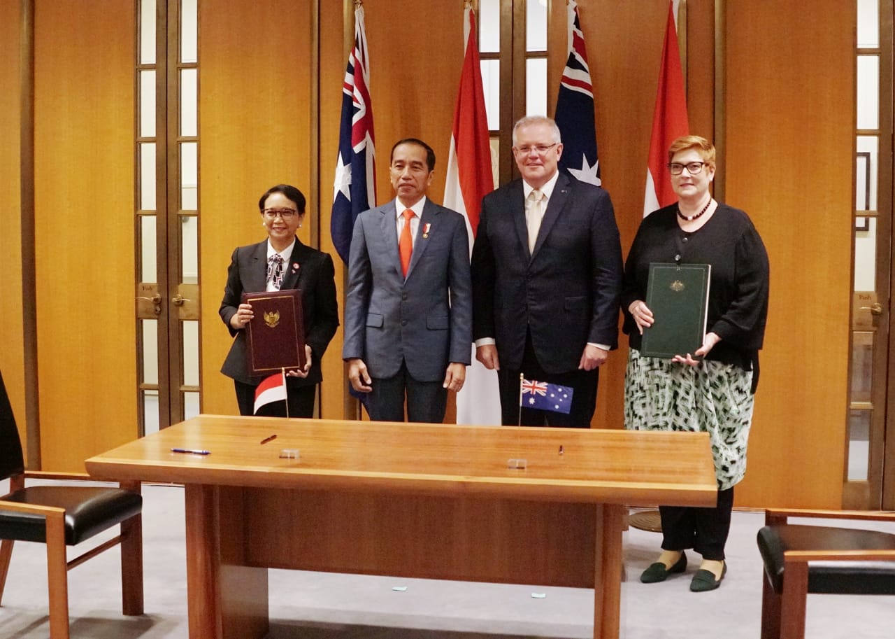 Menlu RI Retno Marsudi, Presiden Joko Widodo, PM Scott Morrison, dan Menlu Australia Marise Payne