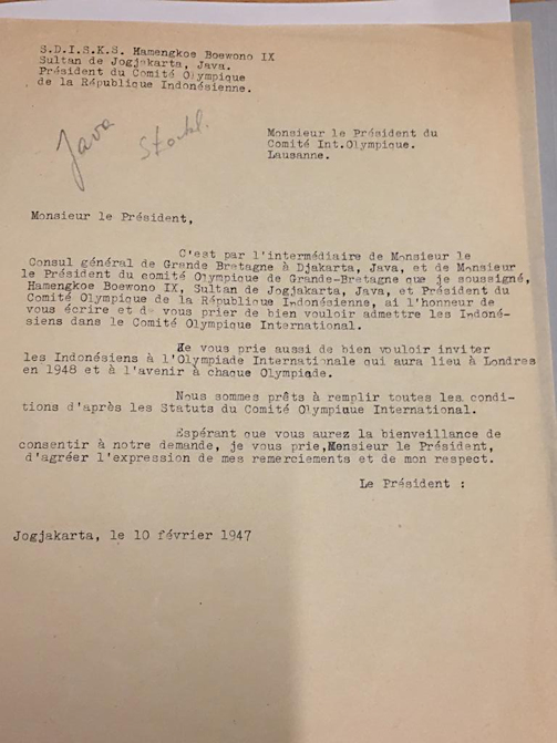 Surat yang dibuat Hamengkubuwono IX untuk IOC