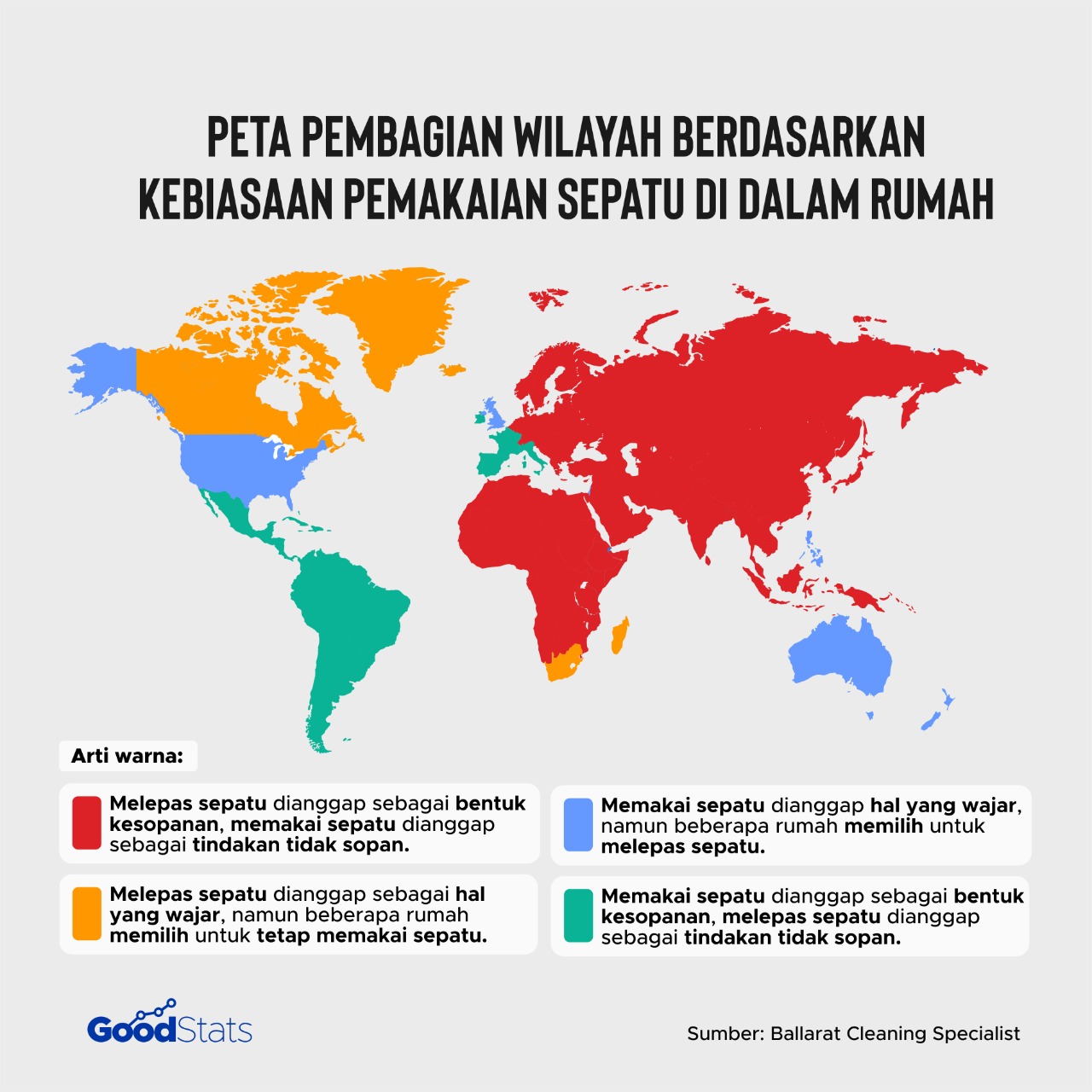 Hampir separuh wilayah negara-negara di dunia termasuk Indonesia mengadopsi kebiasaan melepas sepatu di dalam rumah. | Foto : GoodStats