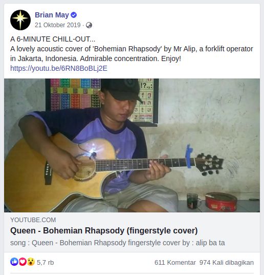 Postingan Brian May, gitaris band Queen yang mengapresiasi Alif