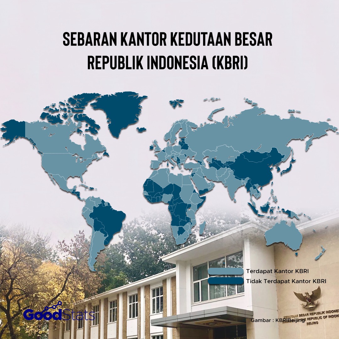 Peta sebaran perwakilan Indonesia melalui KBRI di berbagai negara. | Infografis : GoodStats