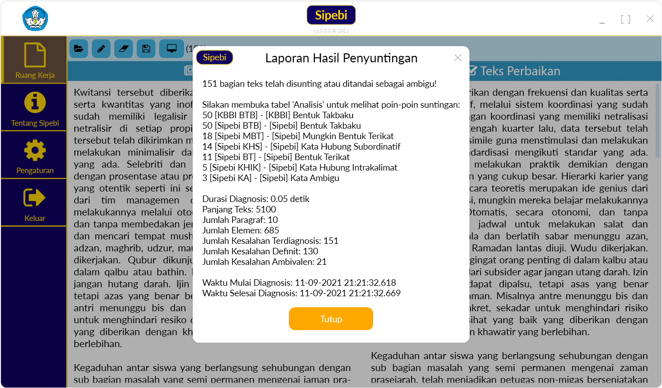 Ilustrasi laporan hasil penyuntingan di aplikasi Sipebi. | Sumber: KBBI Daring