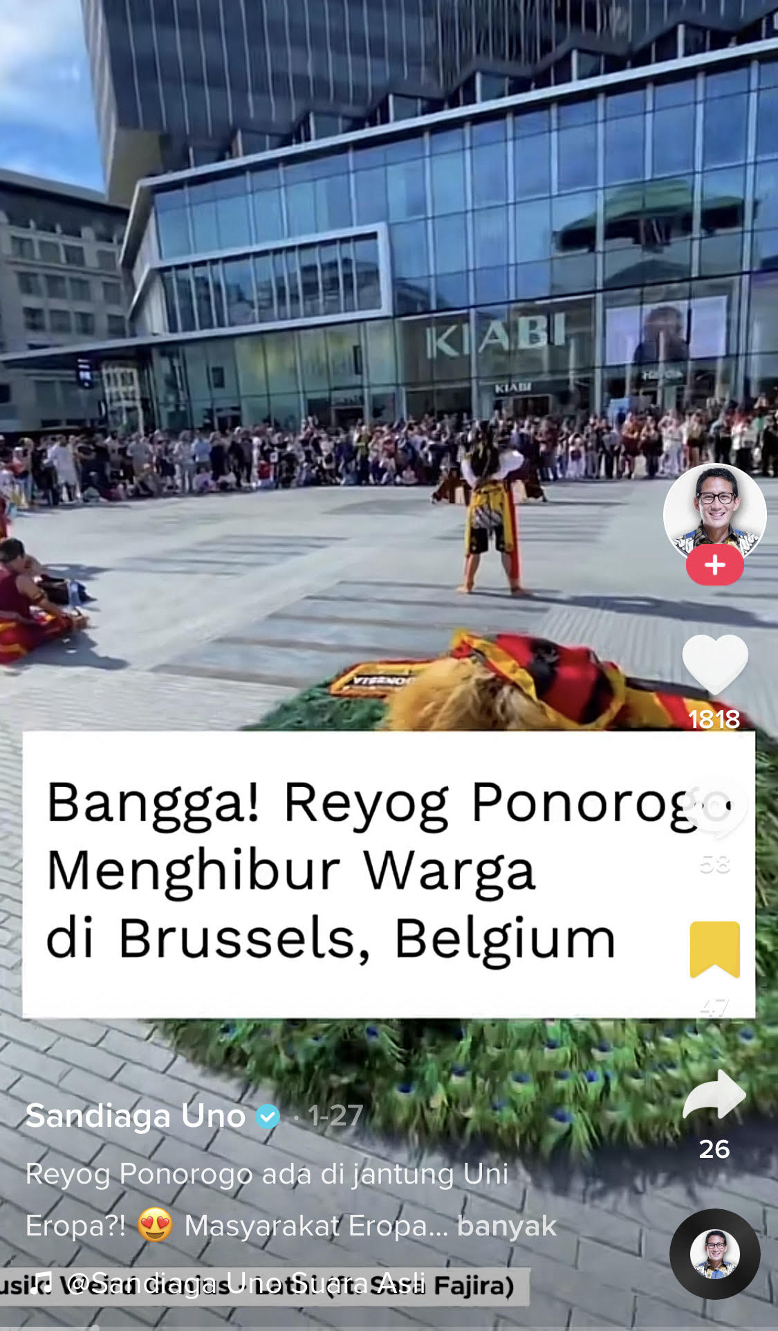 Tiktok Sandiaga Uno memposting Reyog Ponorogo Sandiaga Uno memposting pertunjukan Reyog Ponorogo di Brussels, Belgia