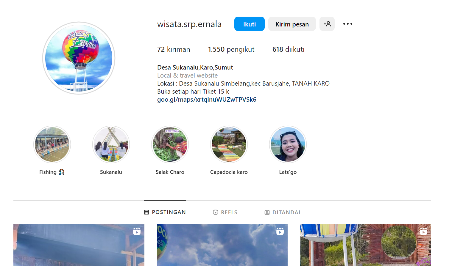 Laman akun Instagram @wisata.srp.ernala | Sumber: Dokumentasi pribadi