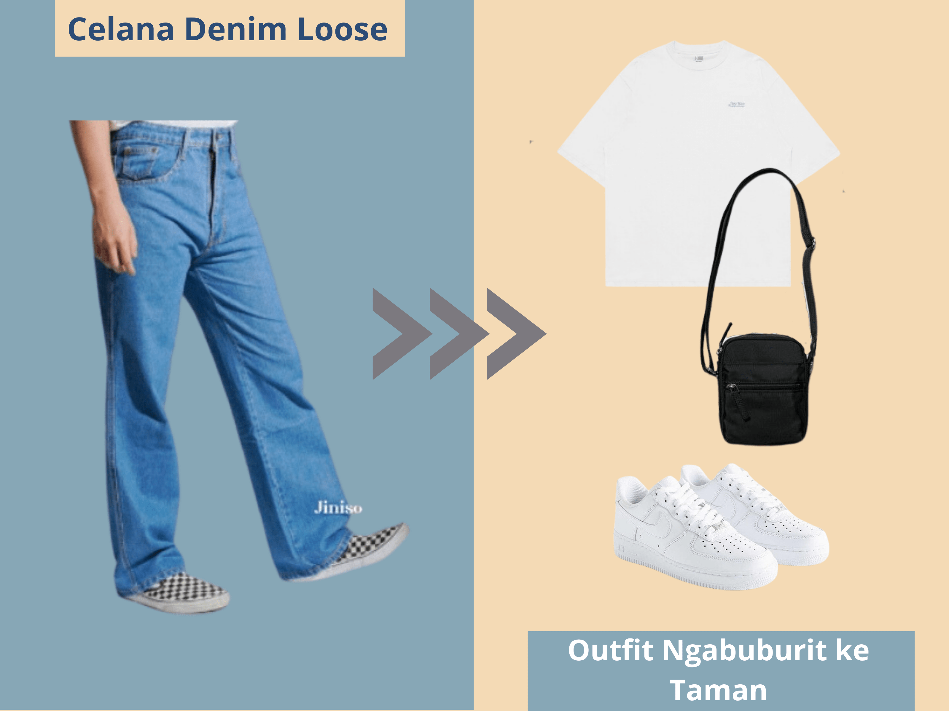 Inspirasi outfit ngabuburit ke taman pake Celana Denim Loose