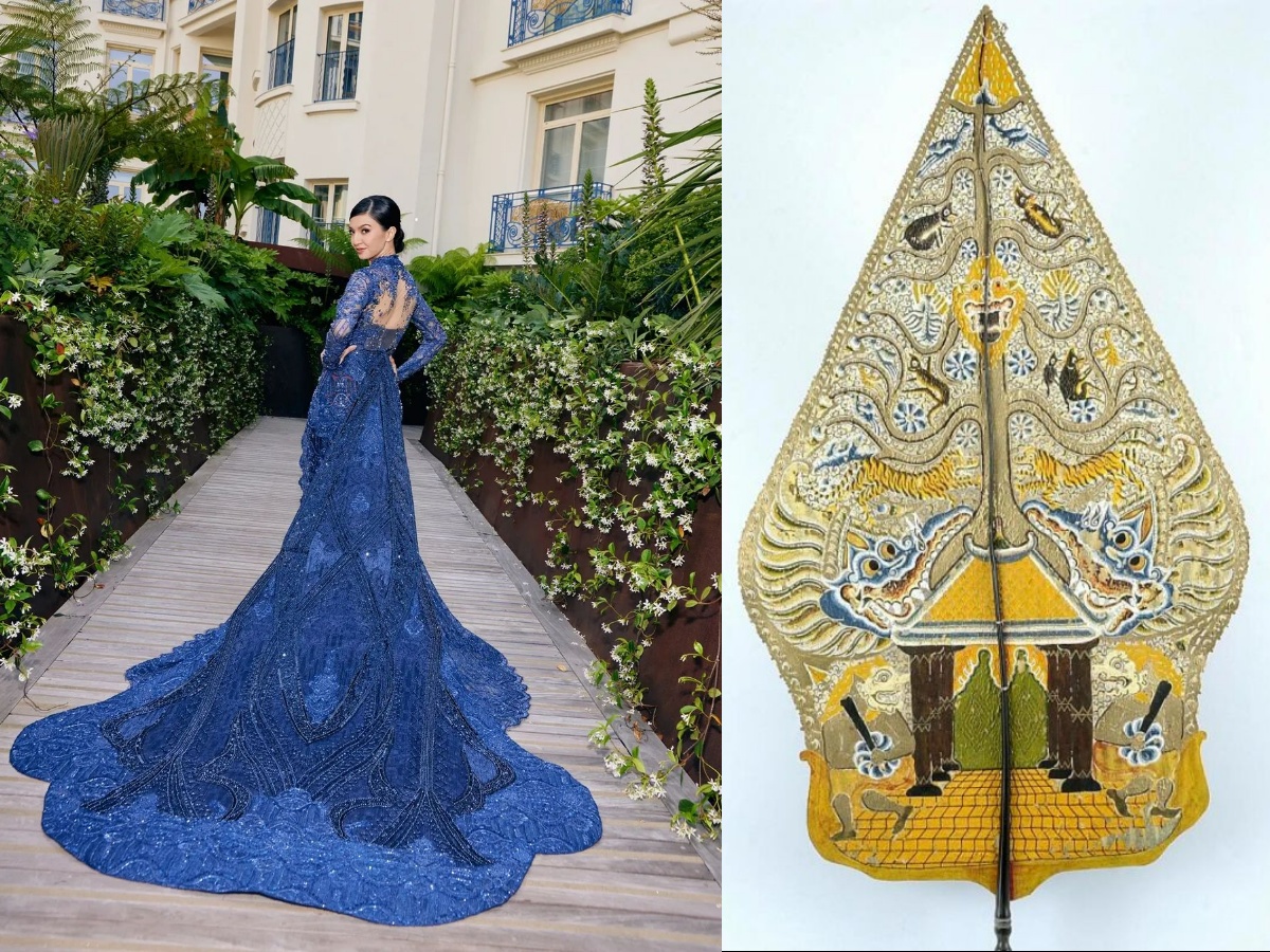 Adaptasi gunungan wayang pada ekor kebaya. (Sumber: instagram @ralineshah | Tropenmuseum)