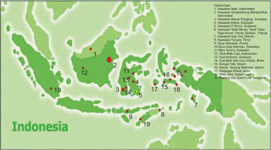 Sebaran Situs Seni cadas Indonesia dan Letak Situs Seni Cadas Liang Kabori no 5Sumber: Oktaviana, 2016
