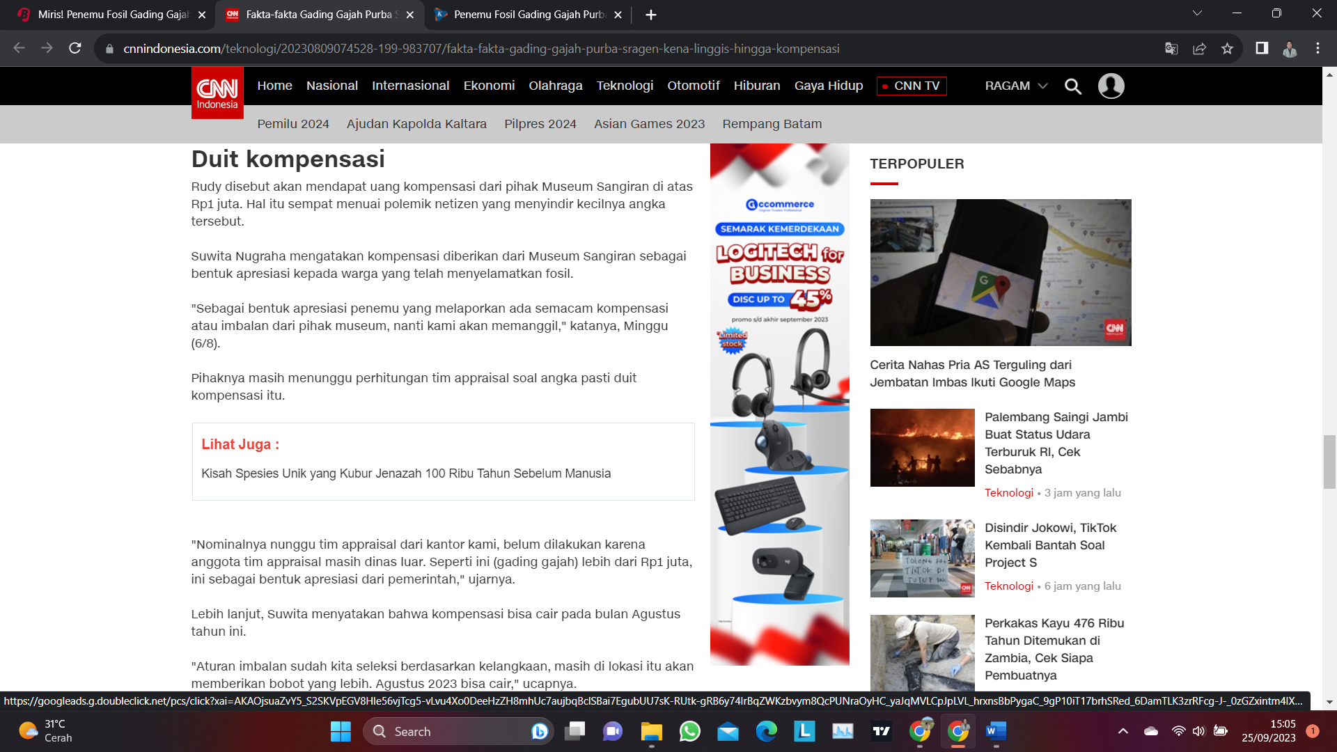 Polemik Nilai Kompensasi Penemu Fosil Gading Gajah Purba yang diberitakan dalam CNN Indonesia © CNN Indonesia 2023