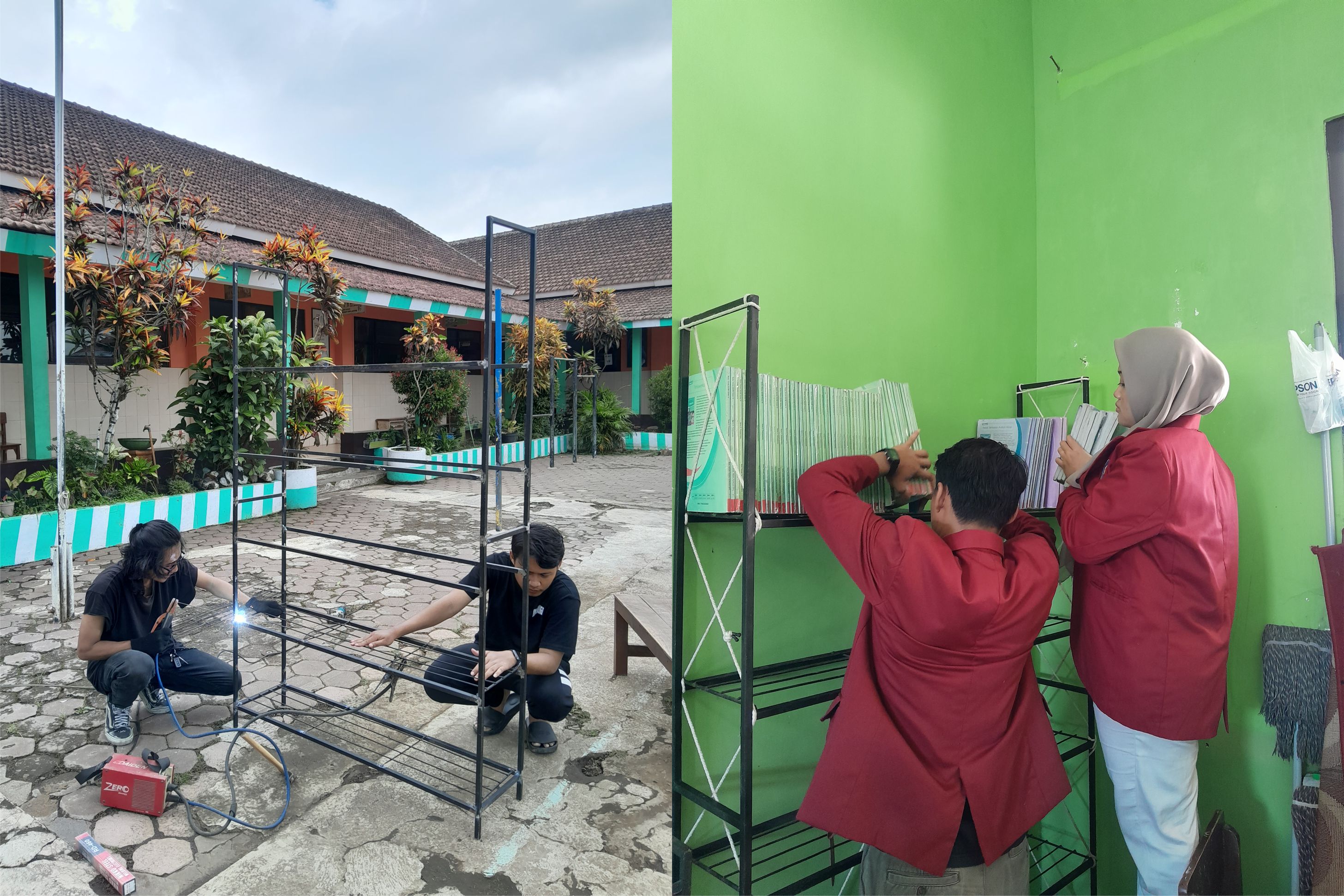 kegiatan mengelas rak dan menata buku