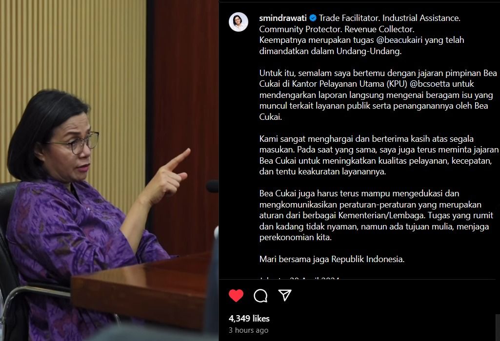 Menteri Sri Mulyani Angkat Bicara Melalui Akun Instagram Pribadinya Mengenai Keluhan terhadap Bea Cukai