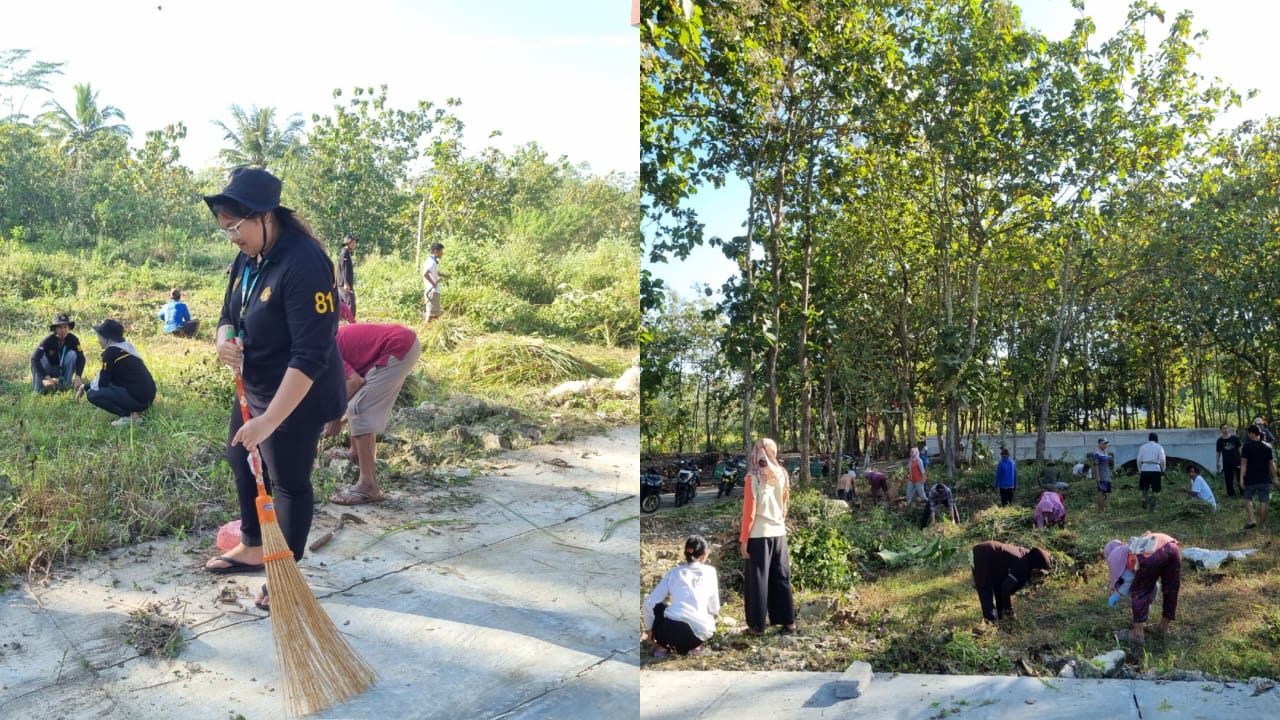 Mahasiswa dan Warga Candi 7 melakukan bersih dusun disekitaran Balai Dusun Candi 7. Sumber: Dokumentasi pribadi